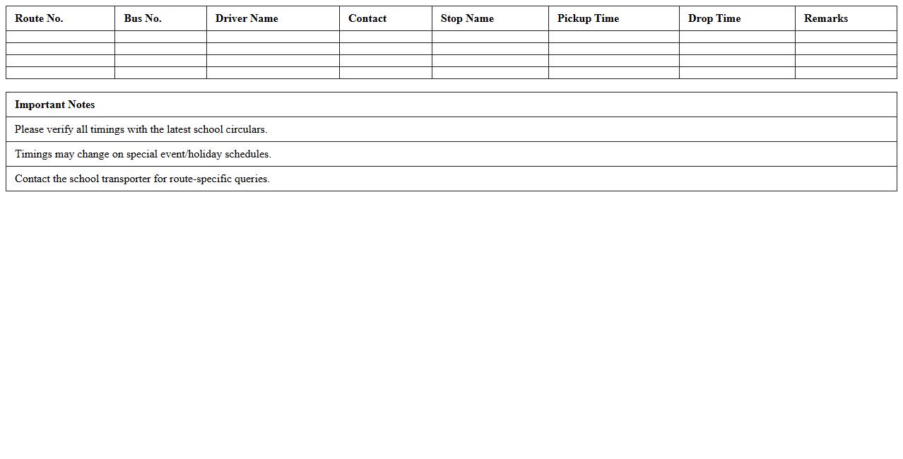 School Bus Stop Timings Excel Sheet