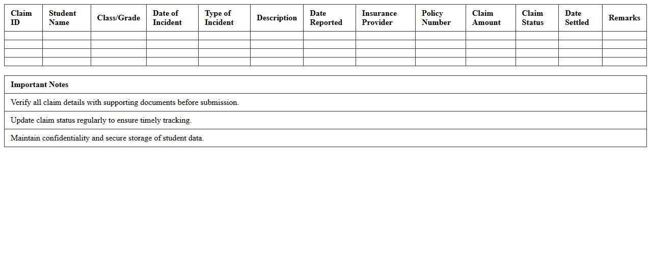 School Insurance Claim Status Tracking Sheet