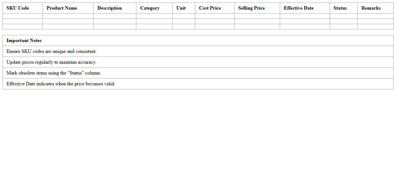 SKU Price List Management Template