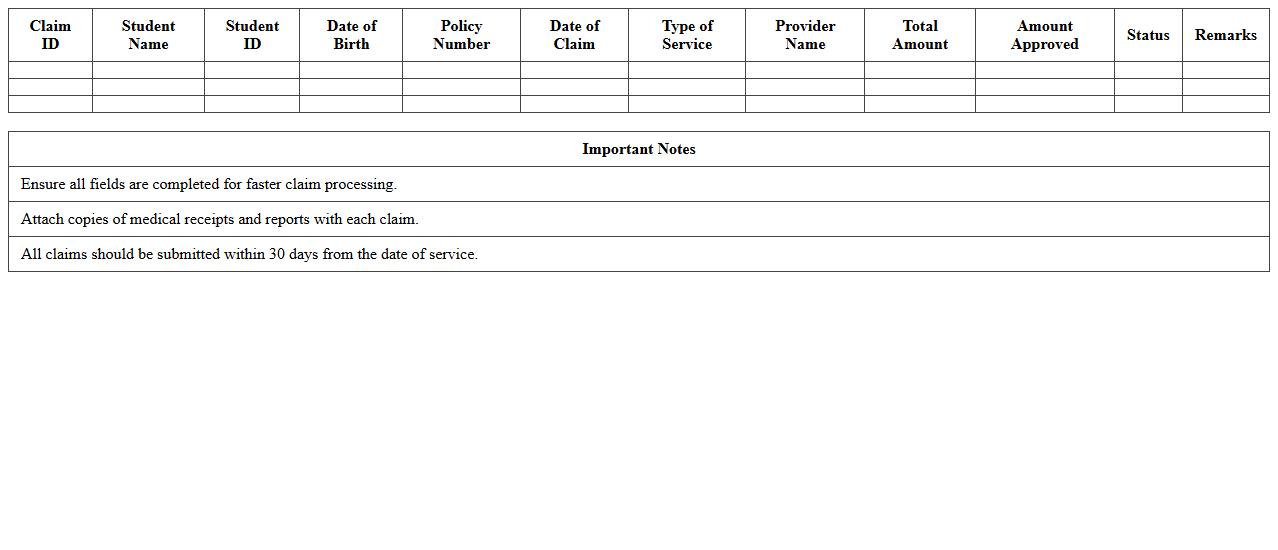 Student Health Insurance Claim Record Template