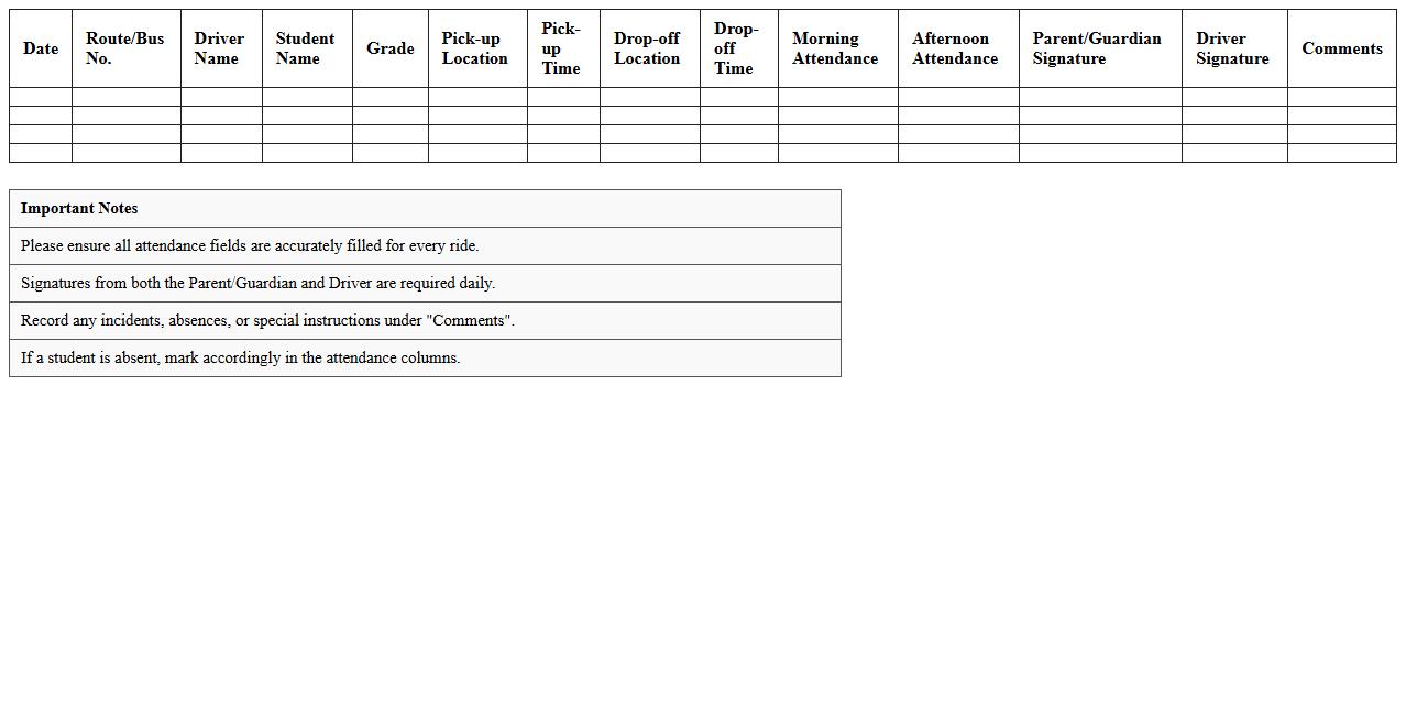 Student Transportation Attendance Sheet