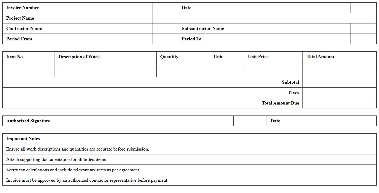 Subcontractor Billing Invoice Template Excel