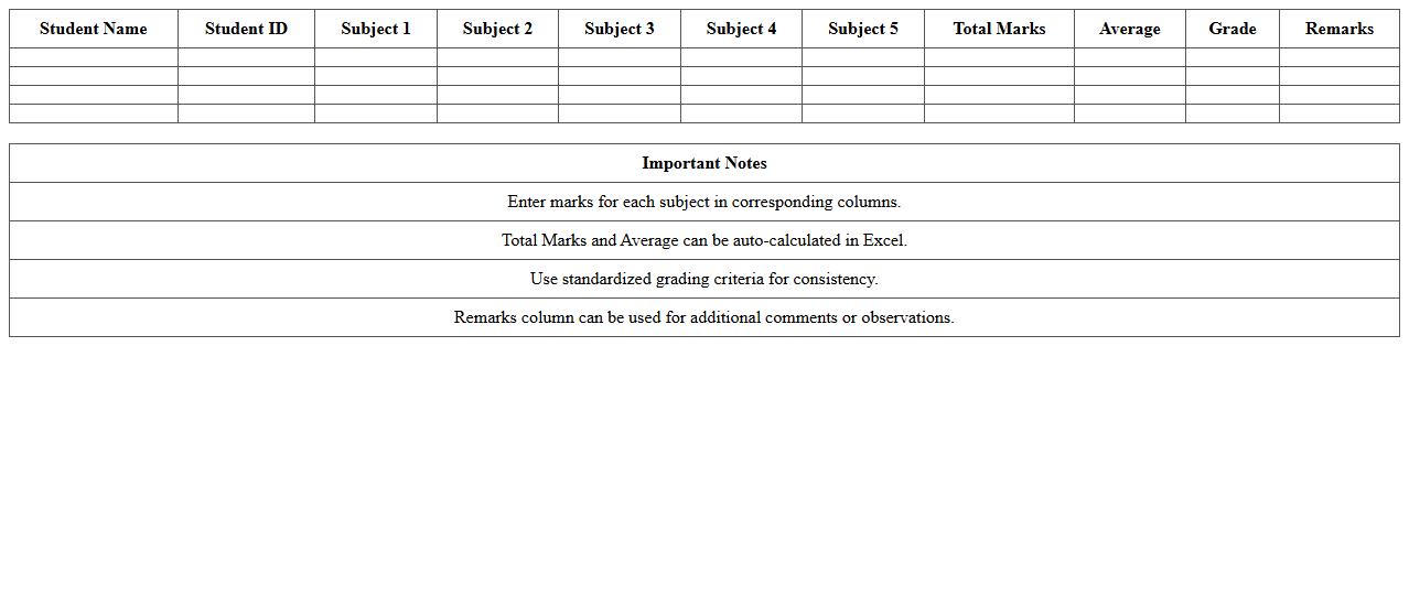 Subject-Wise Grade Recording Excel Template