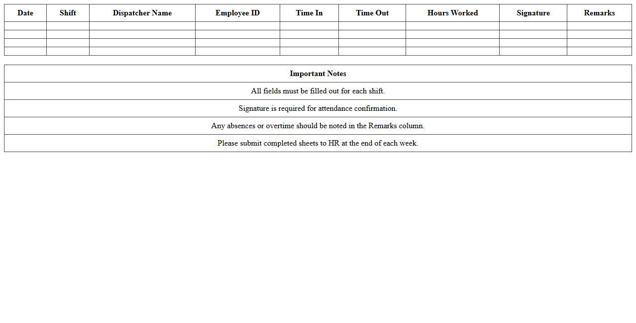 Transport Dispatcher Shift Attendance Sheet