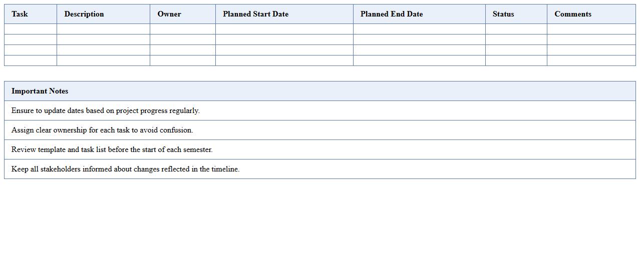 University Course Development Timeline Excel Template
