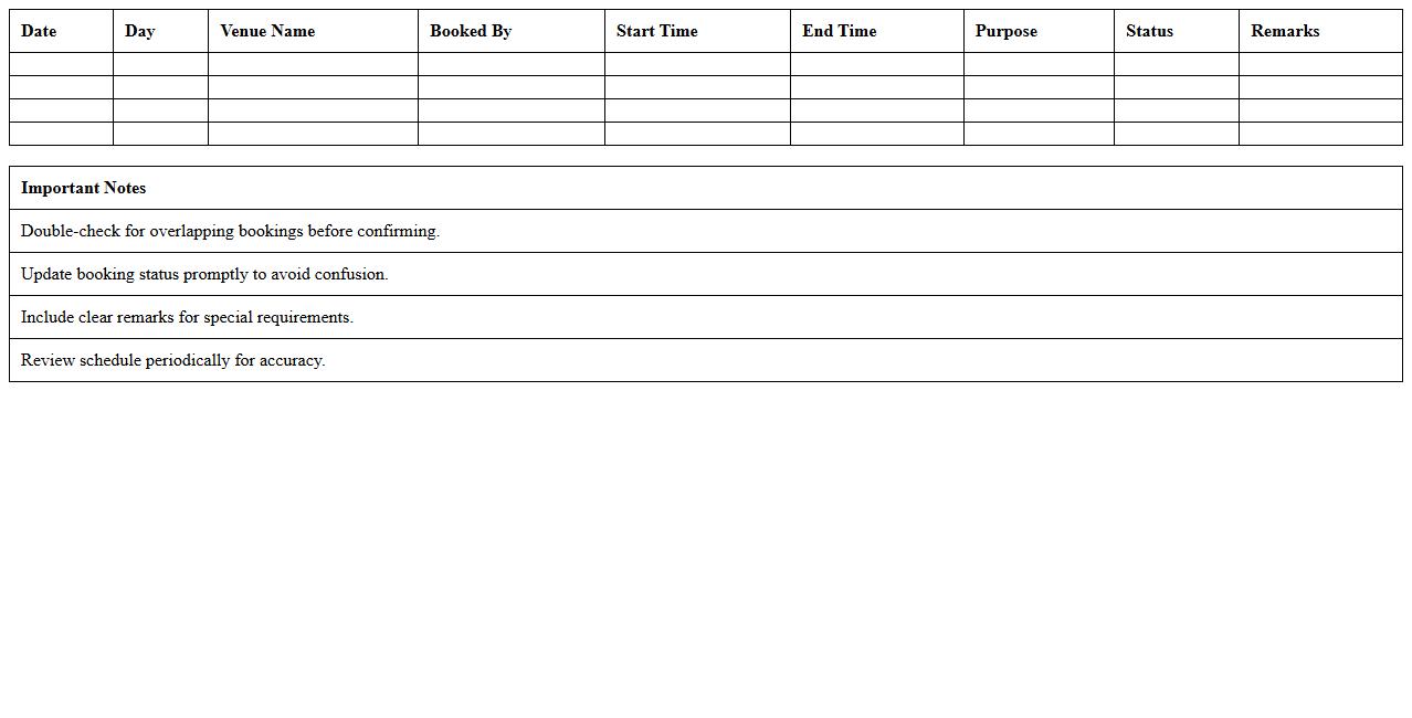 Venue Booking Schedule Tracker Excel Template