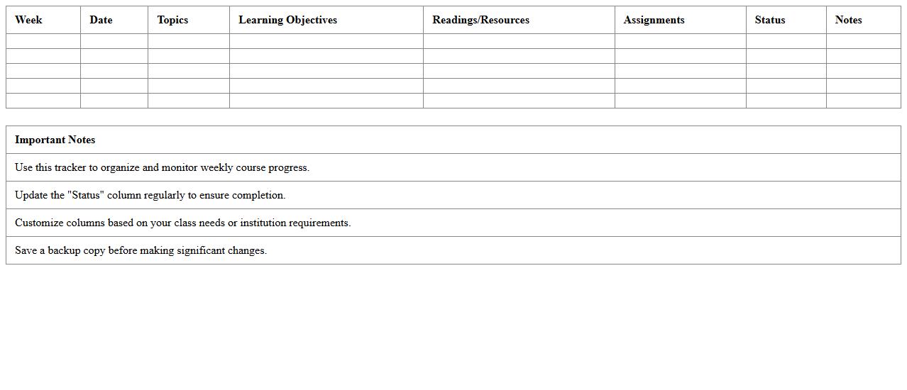 Weekly Course Syllabus Tracker Excel Template