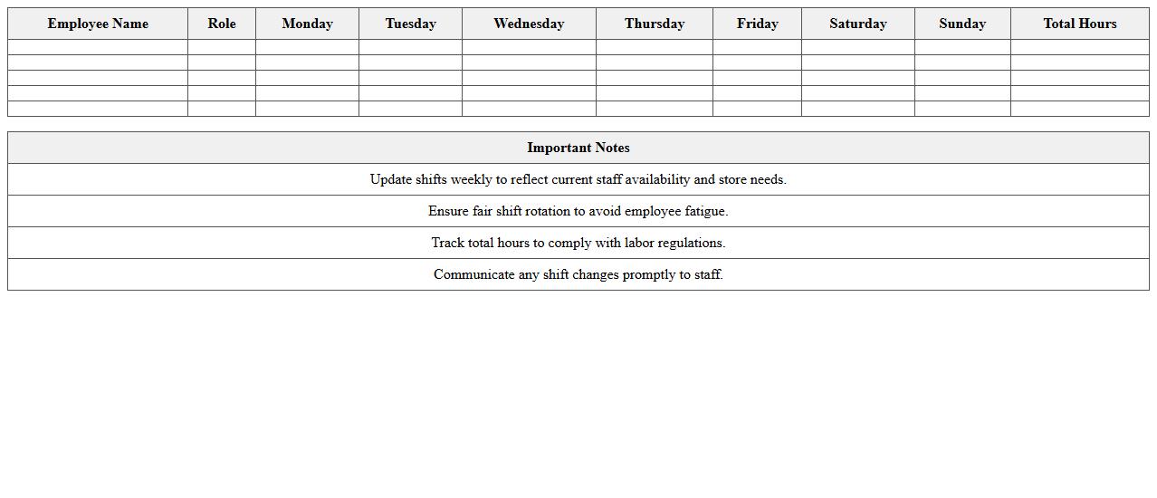 Weekly Shift Planner Excel Template for Retail Staff
