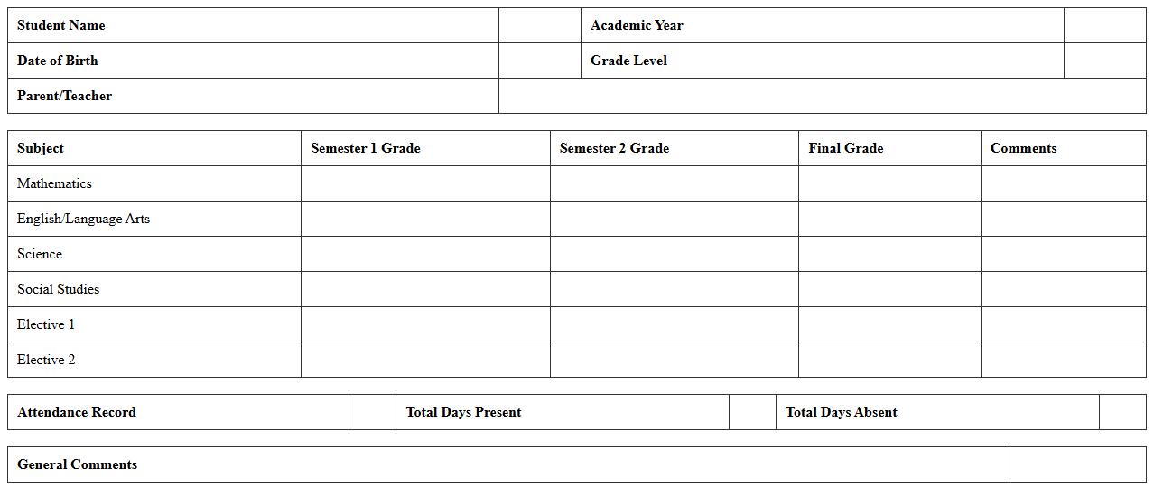 Yearly Academic Progress Report Template for Home School
