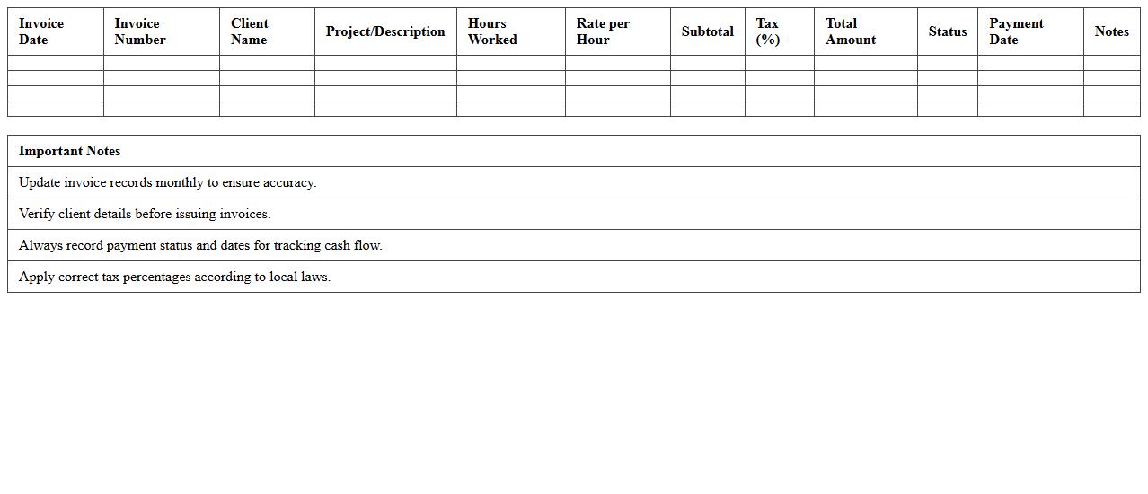 Yearly Invoice Record Excel Spreadsheet for Consultants