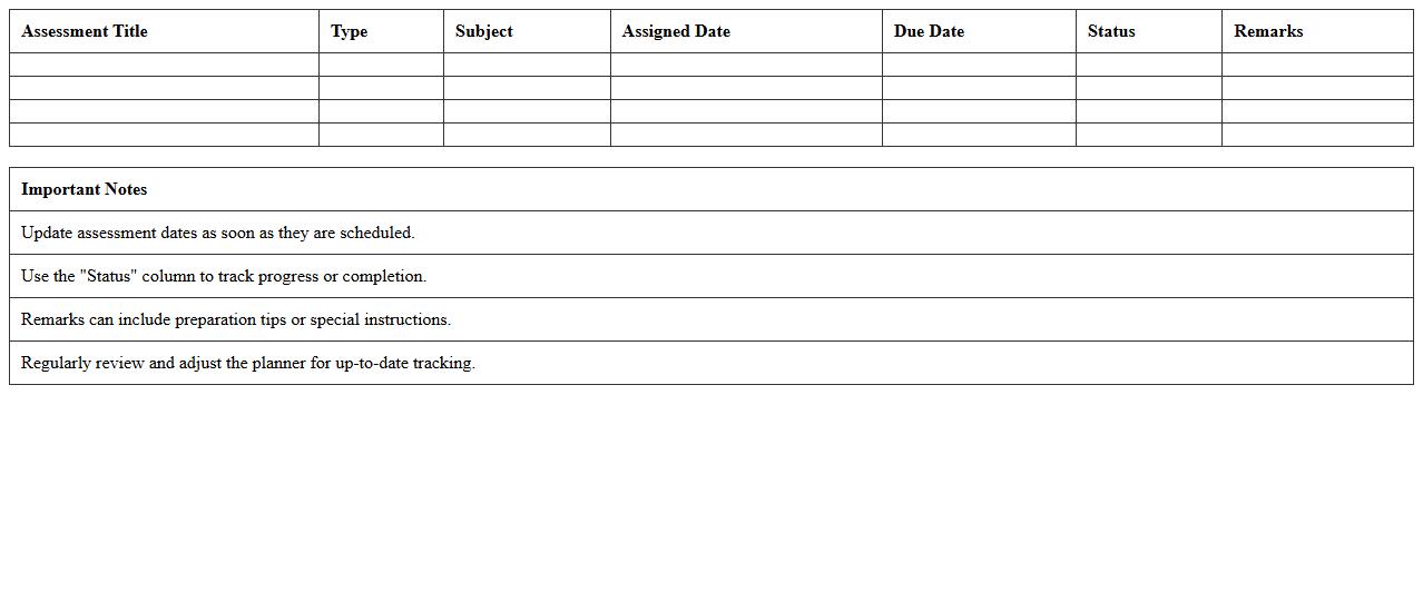 Assessment Calendar Planner Excel Sheet