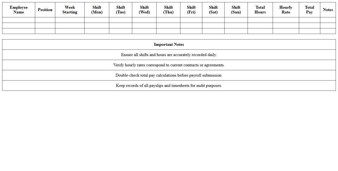 Bar Staff Weekly Payroll Excel Spreadsheet