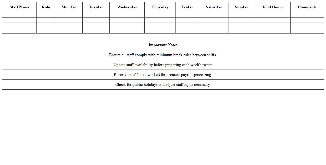Bar Staff Weekly Shift Roster Excel File