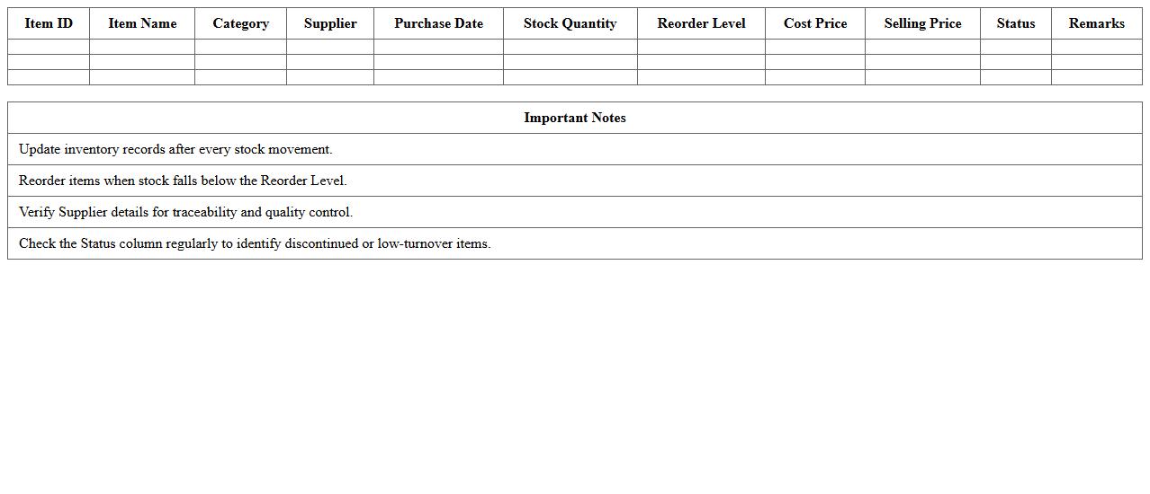Boutique Store Inventory Control Excel Format