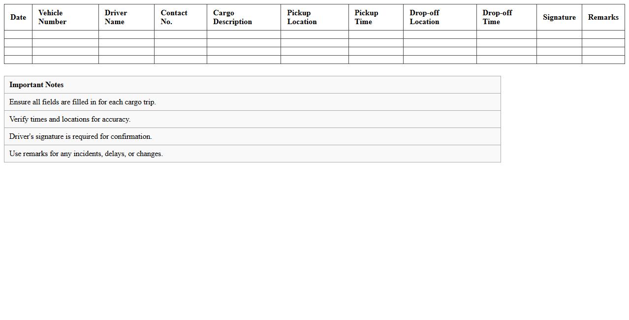 Cargo Pickup and Drop-off Timesheet Excel