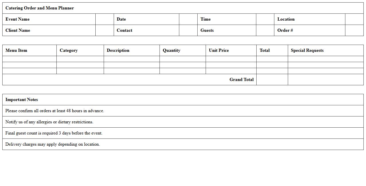 Catering Order and Menu Planner Template