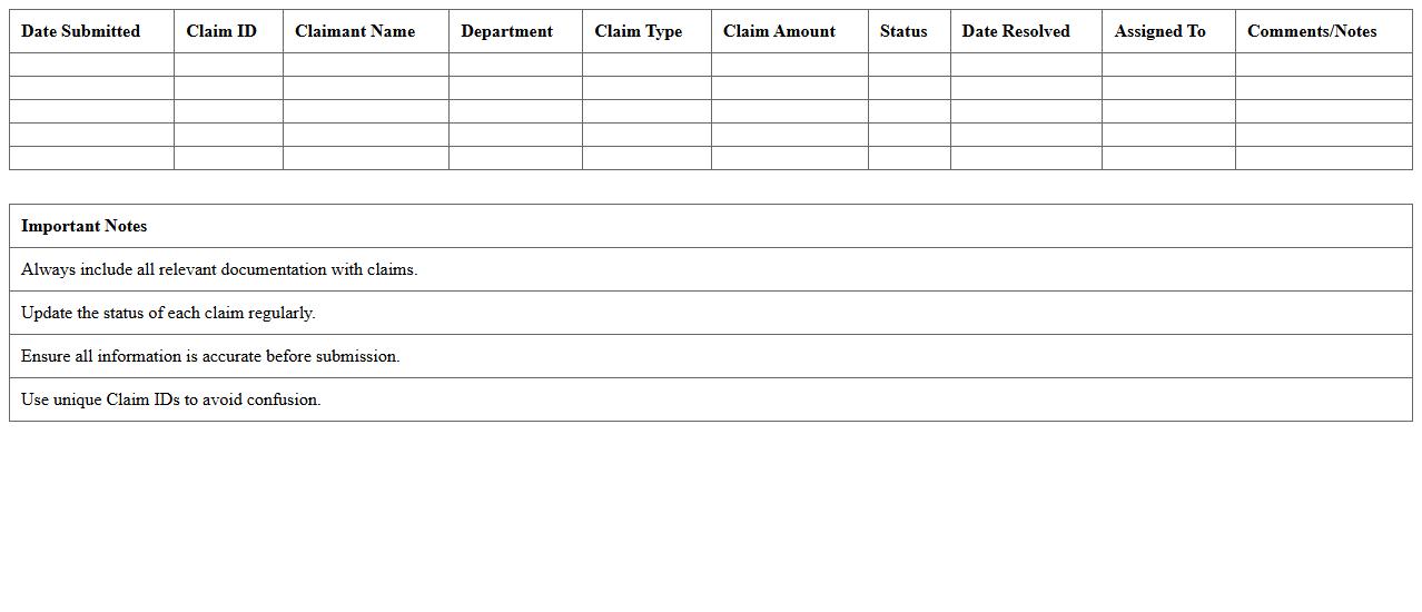 Claims Management Log Excel Sheet