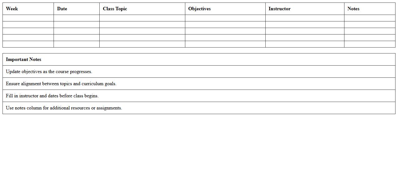 Class Topics and Objectives Planner Excel