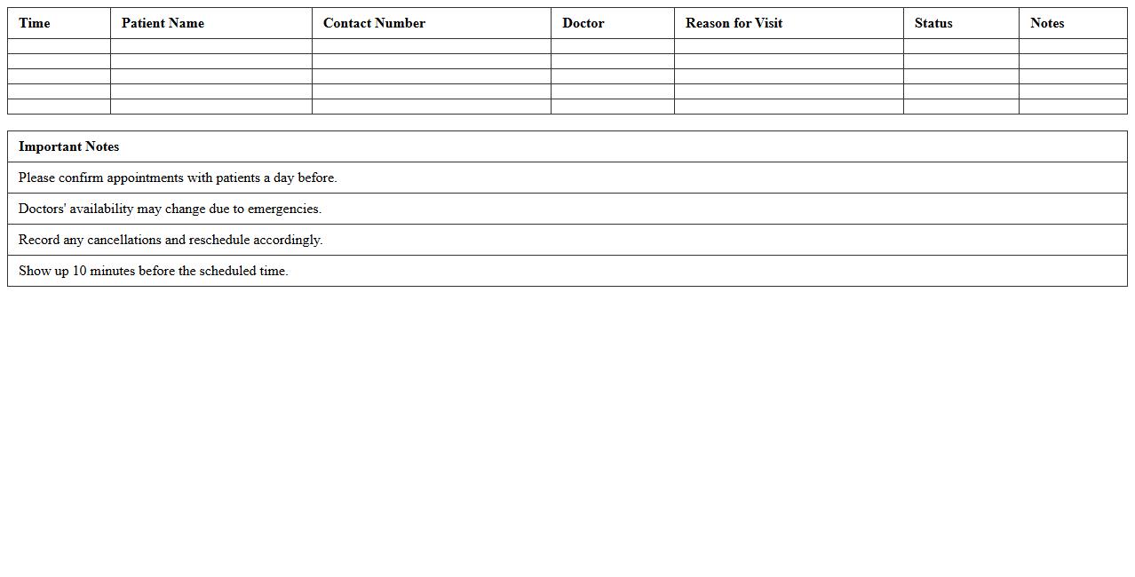 Clinic Daily Appointment Schedule Excel