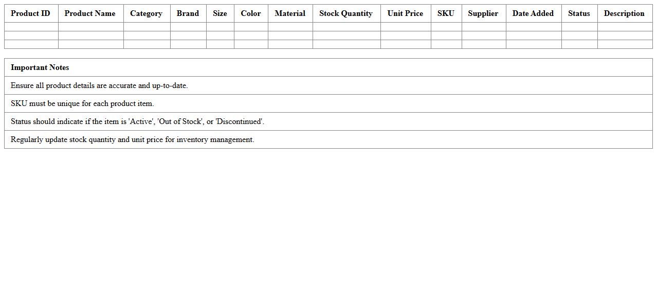 Clothing Store Product Catalog Excel Sheet