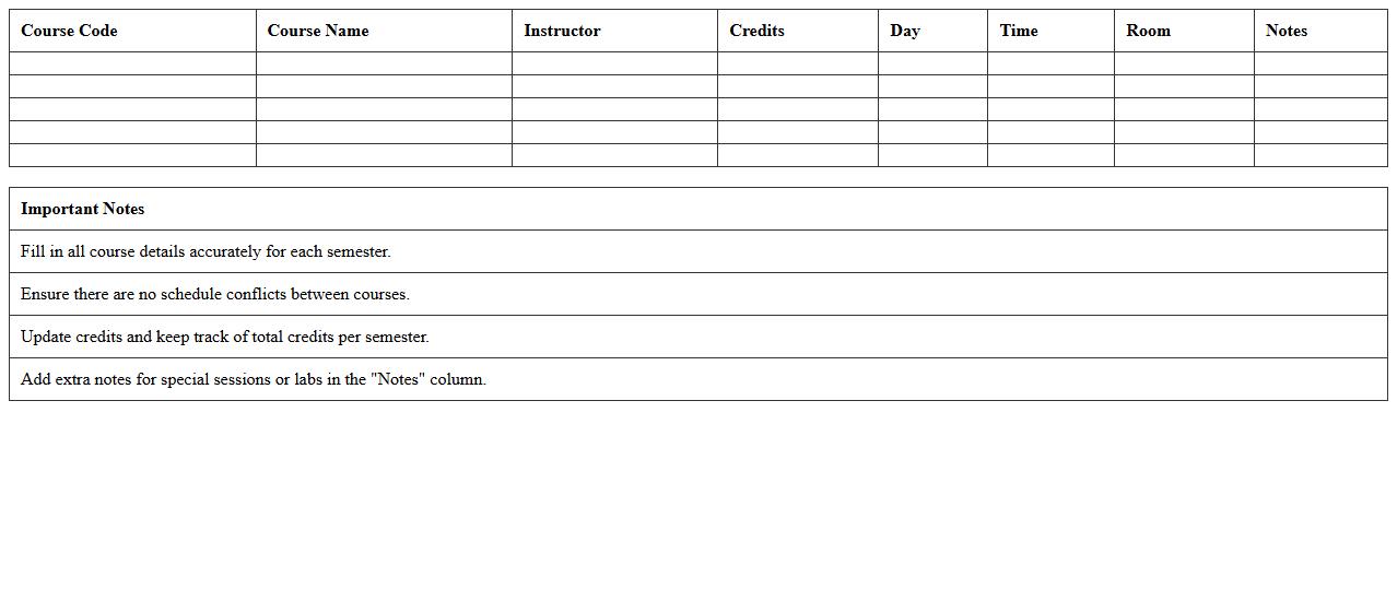 College Semester Course Schedule Excel Template