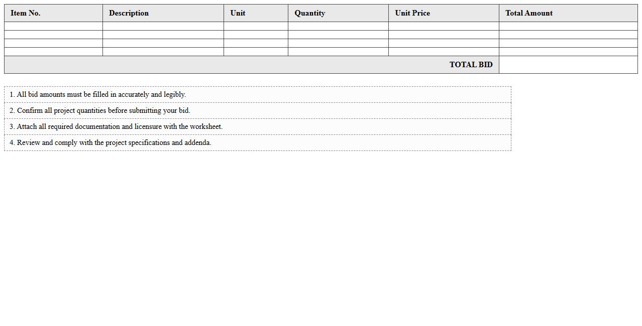 Construction Bid Tabulation Worksheet