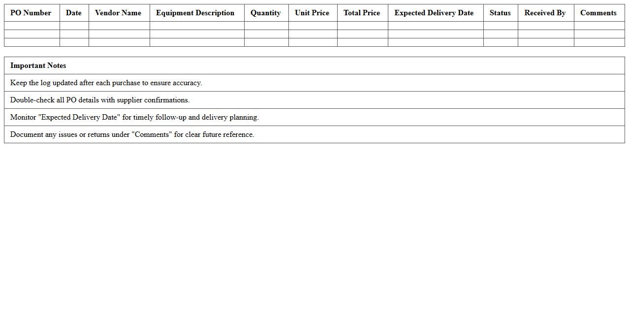 Construction Equipment Purchase Order Log Excel Template