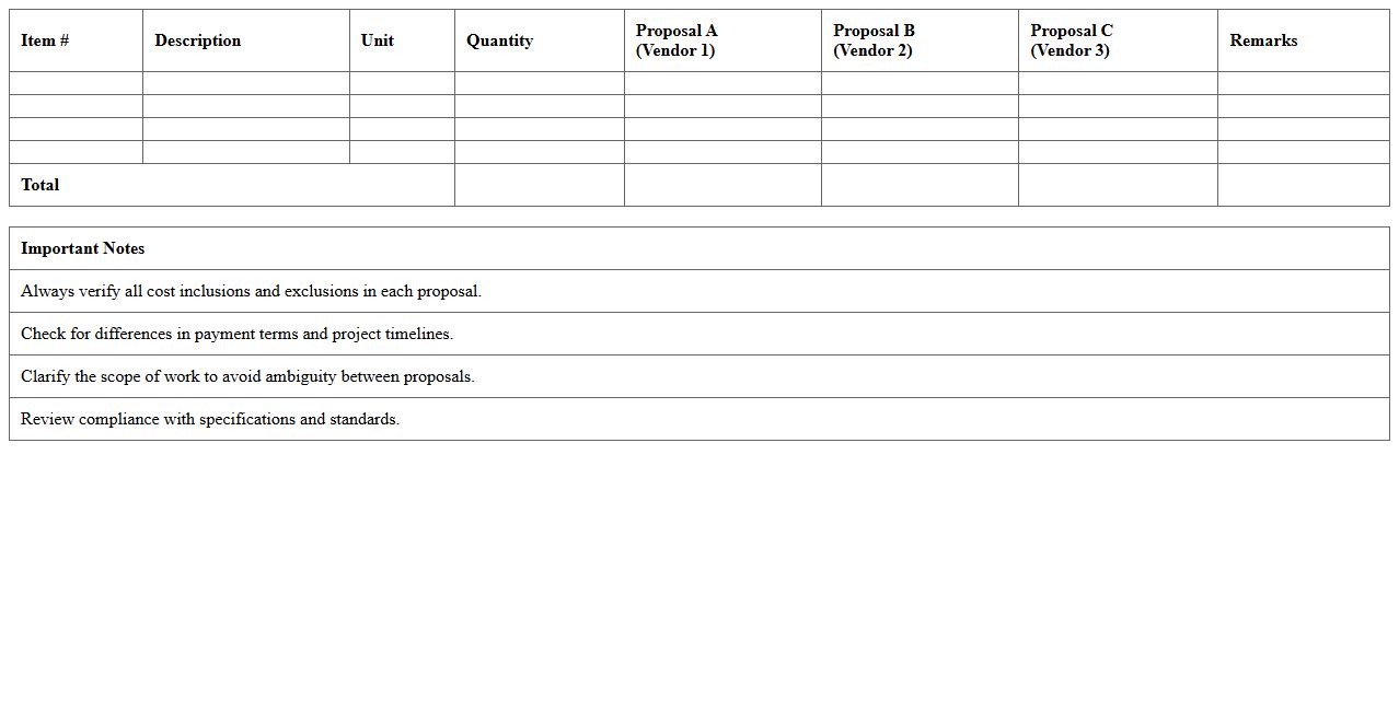 Construction Proposal Comparison Excel Table