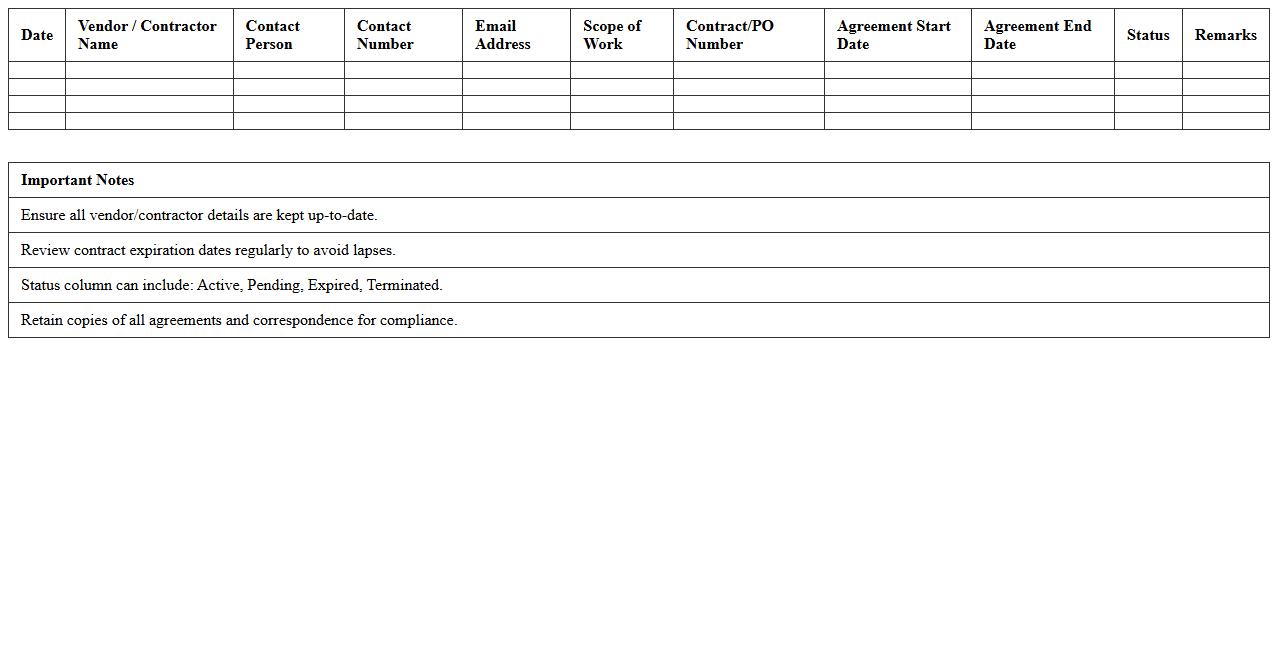 Construction Vendor & Contractor Management Log
