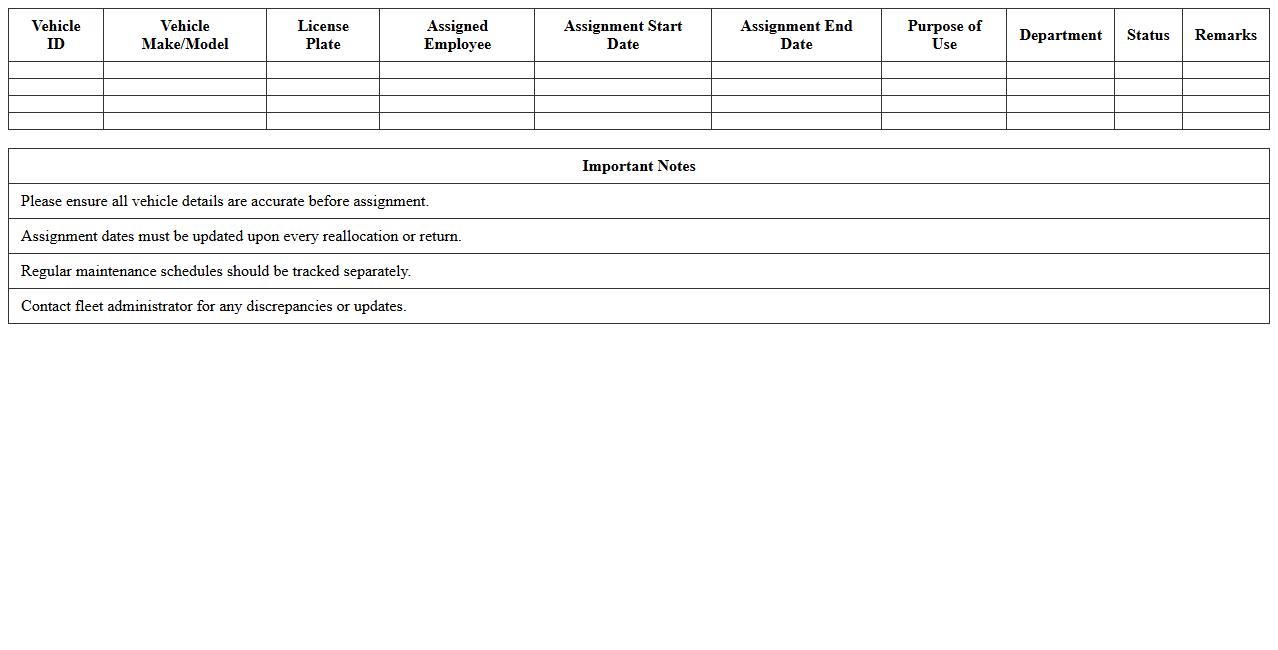 Corporate Vehicle Assignment Schedule Excel Sheet
