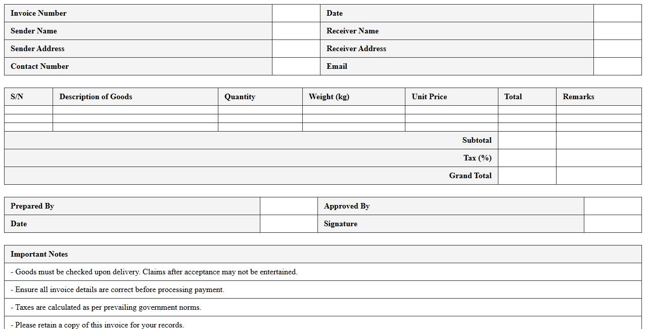 Courier Service Transportation Invoice Excel Sheet