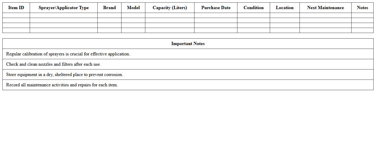Crop Sprayers and Applicators Inventory Excel