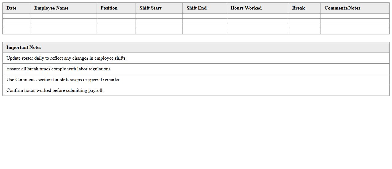 Daily Retail Employee Roster Excel Spreadsheet