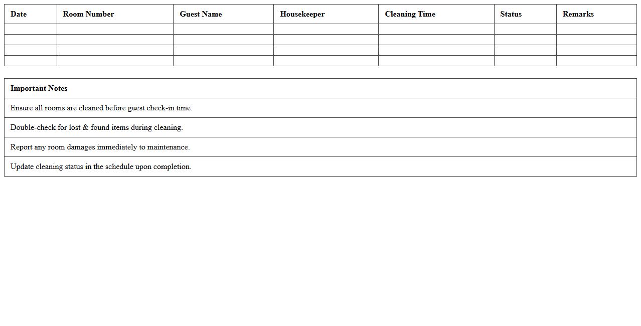 Daily Room Cleaning Schedule Template for Resorts