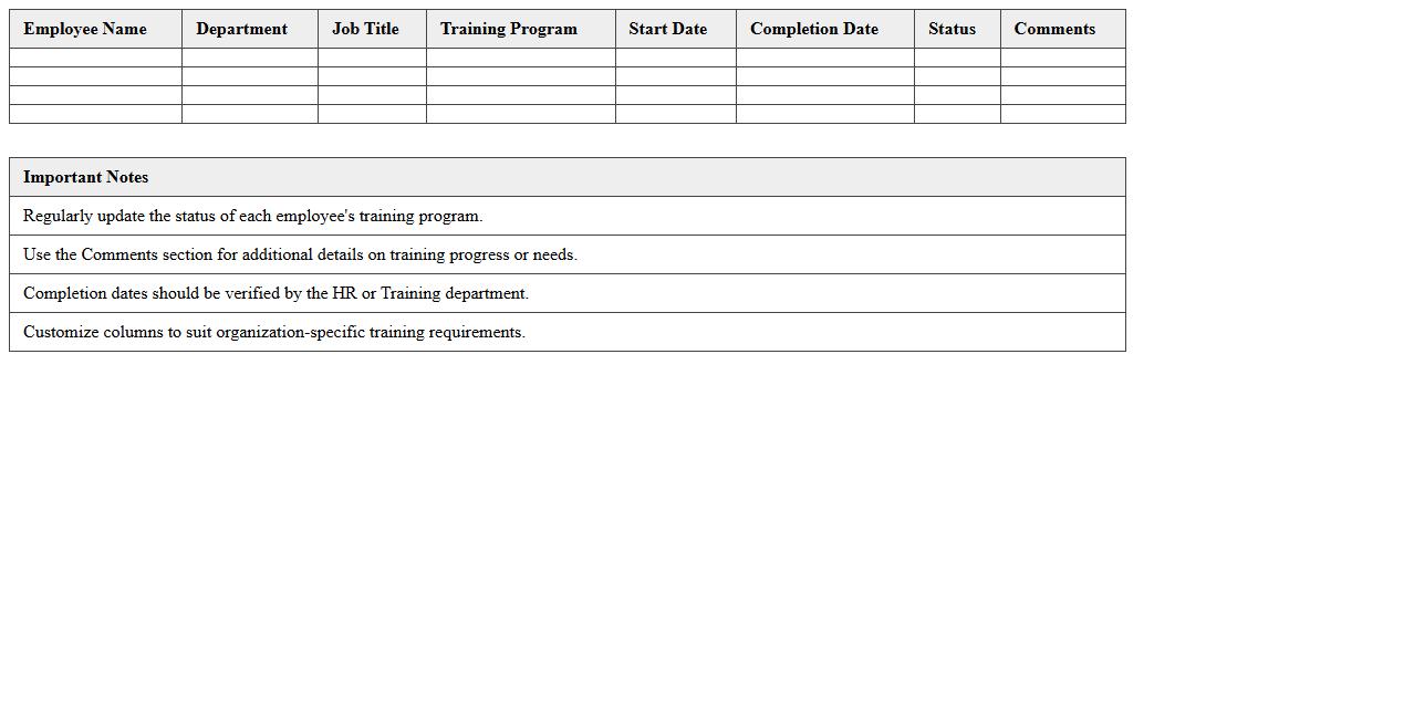 Employee Training Progress Tracker Excel