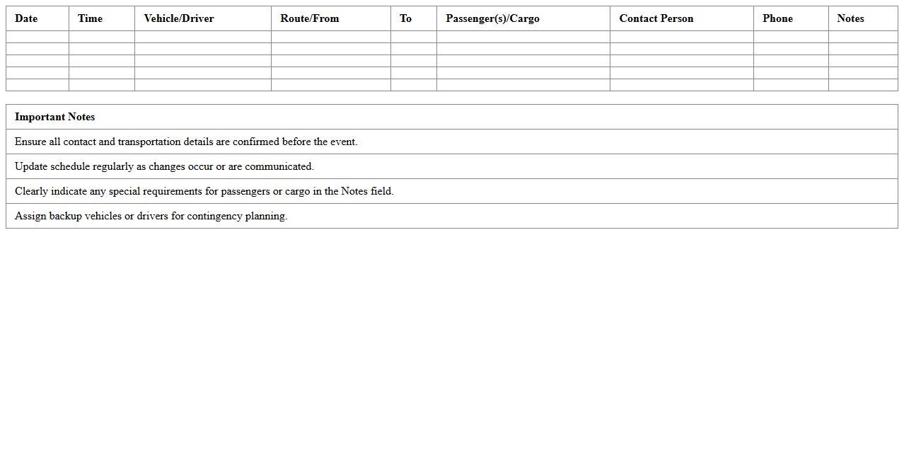 Event Logistics Transportation Schedule Planner Excel Template