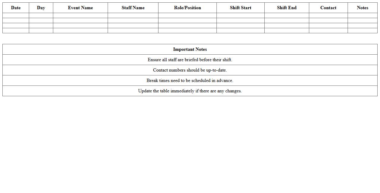Event Operations Staff Schedule Excel Template