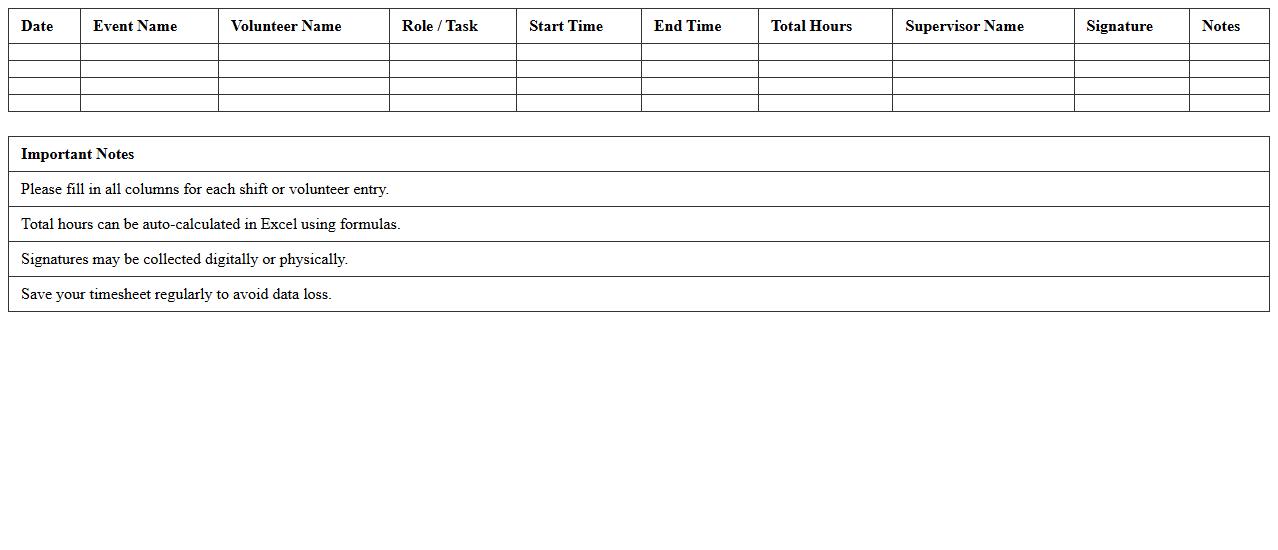Excel Template: Community Event Volunteer Timesheet