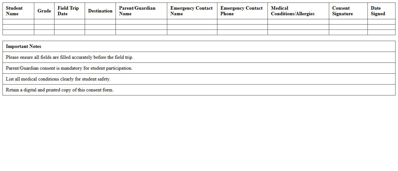 Excel Template for Student Emergency Consent on Field Trips
