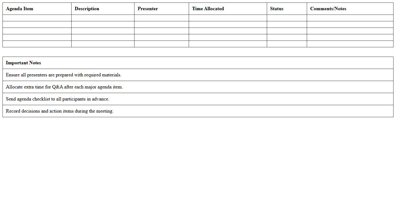 Executive Meeting Agenda Checklist Excel