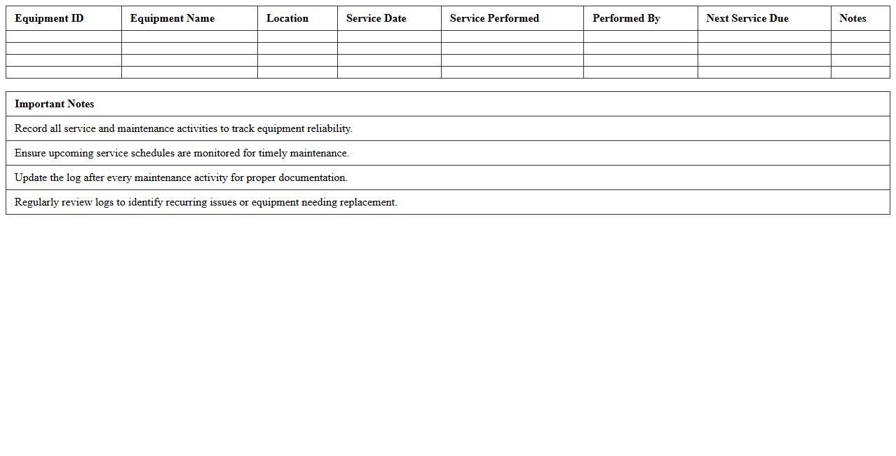 Factory Equipment Service Log Excel Template for Maintenance Records