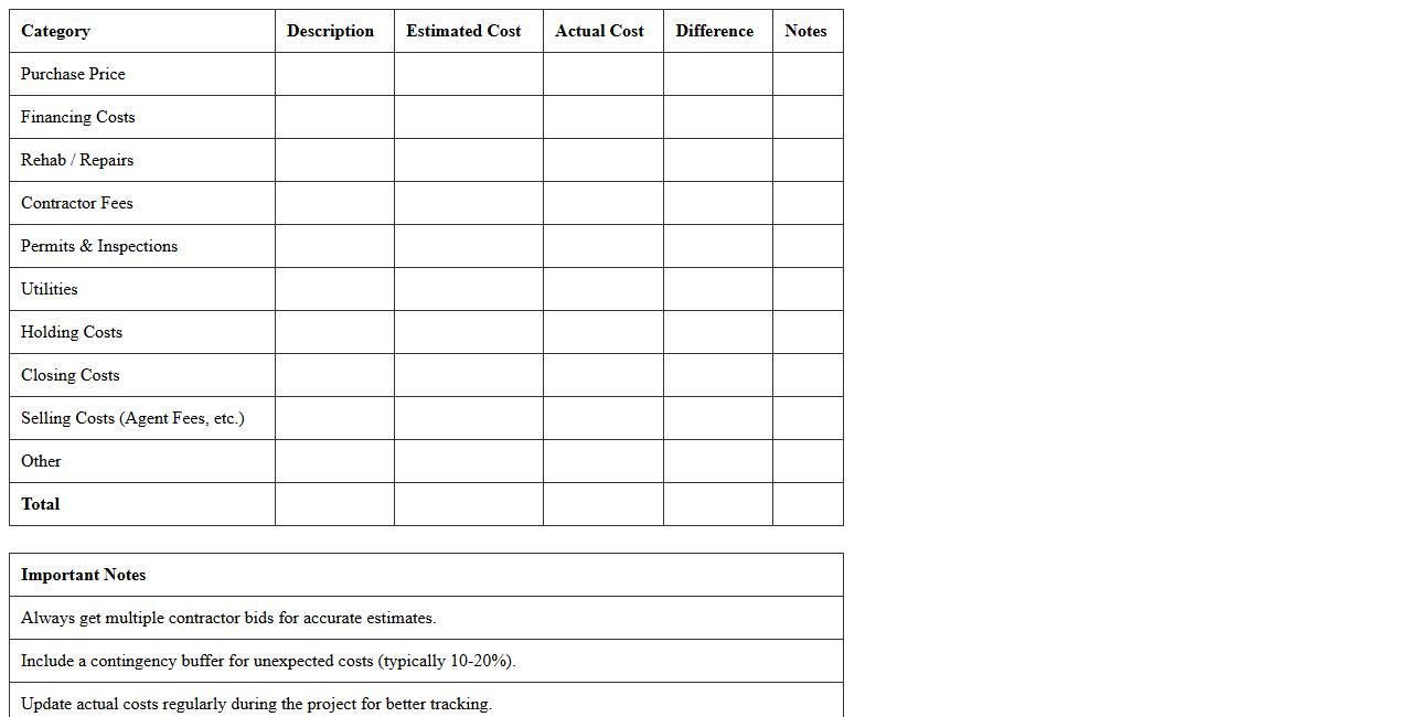 Fix and Flip Project Cost Breakdown Excel