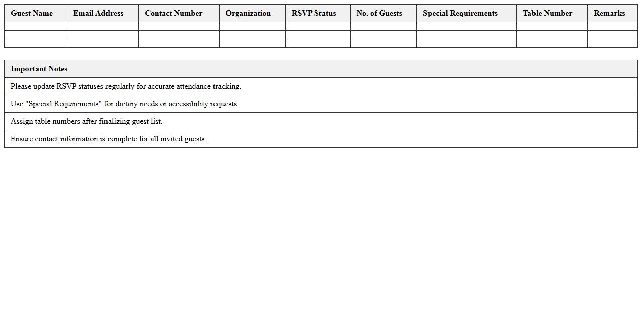 Gala Dinner RSVP Management Excel Sheet