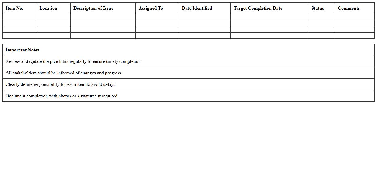 General Contractor Construction Punch List Excel