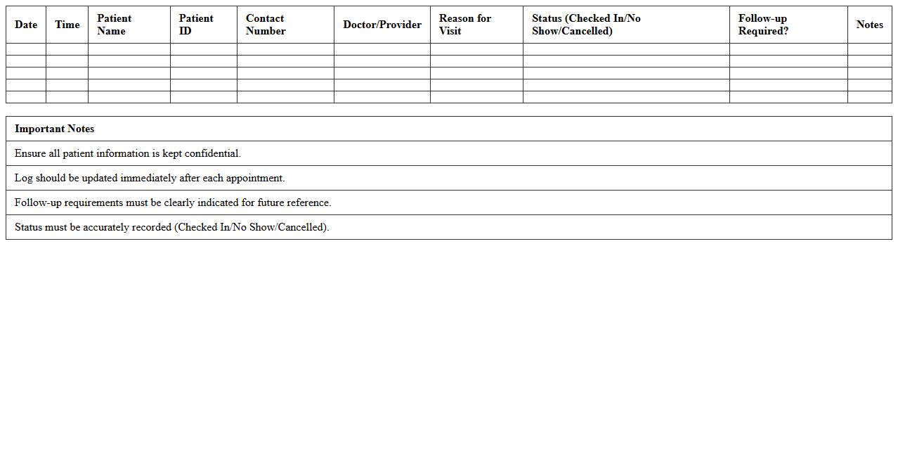 Healthcare Patient Appointment Log Sheet