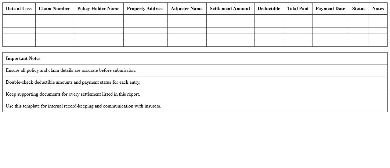 Homeowners Insurance Settlement Report Excel Template