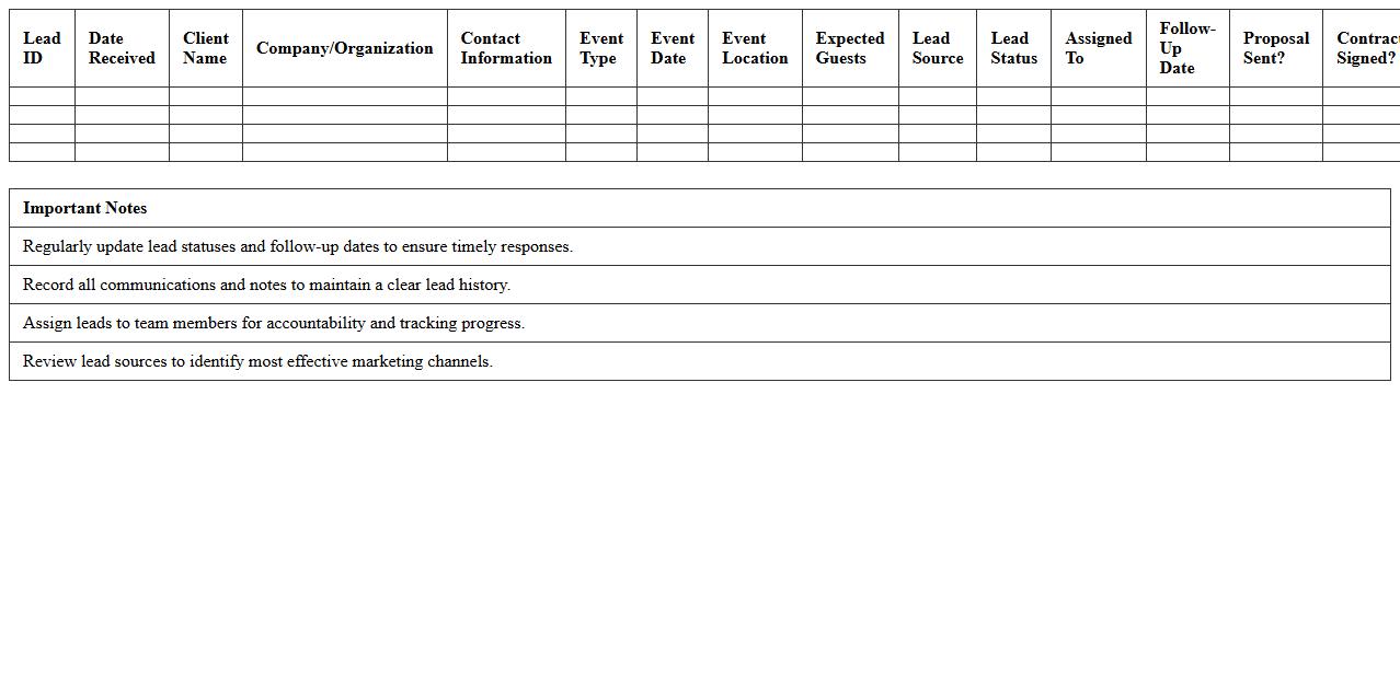 Hospitality Event Sales Lead Management Spreadsheet