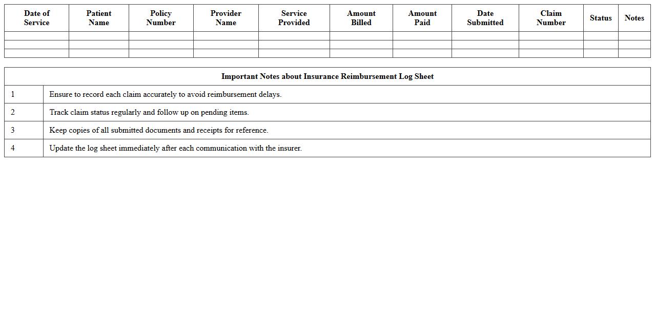 Insurance Reimbursement Log Sheet