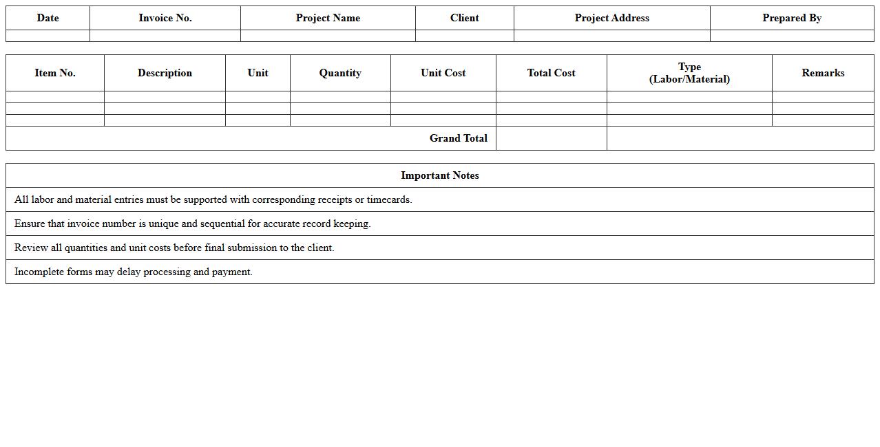 Labor and Material Construction Invoice Excel