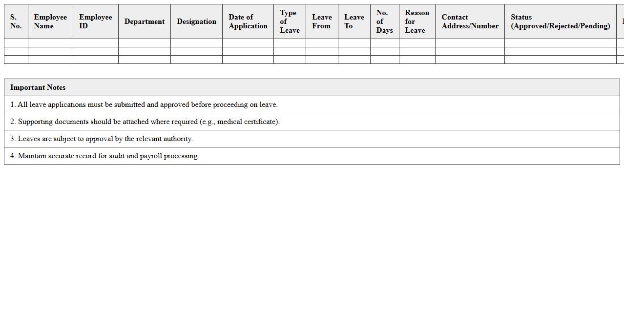 Leave Application and Approval Register